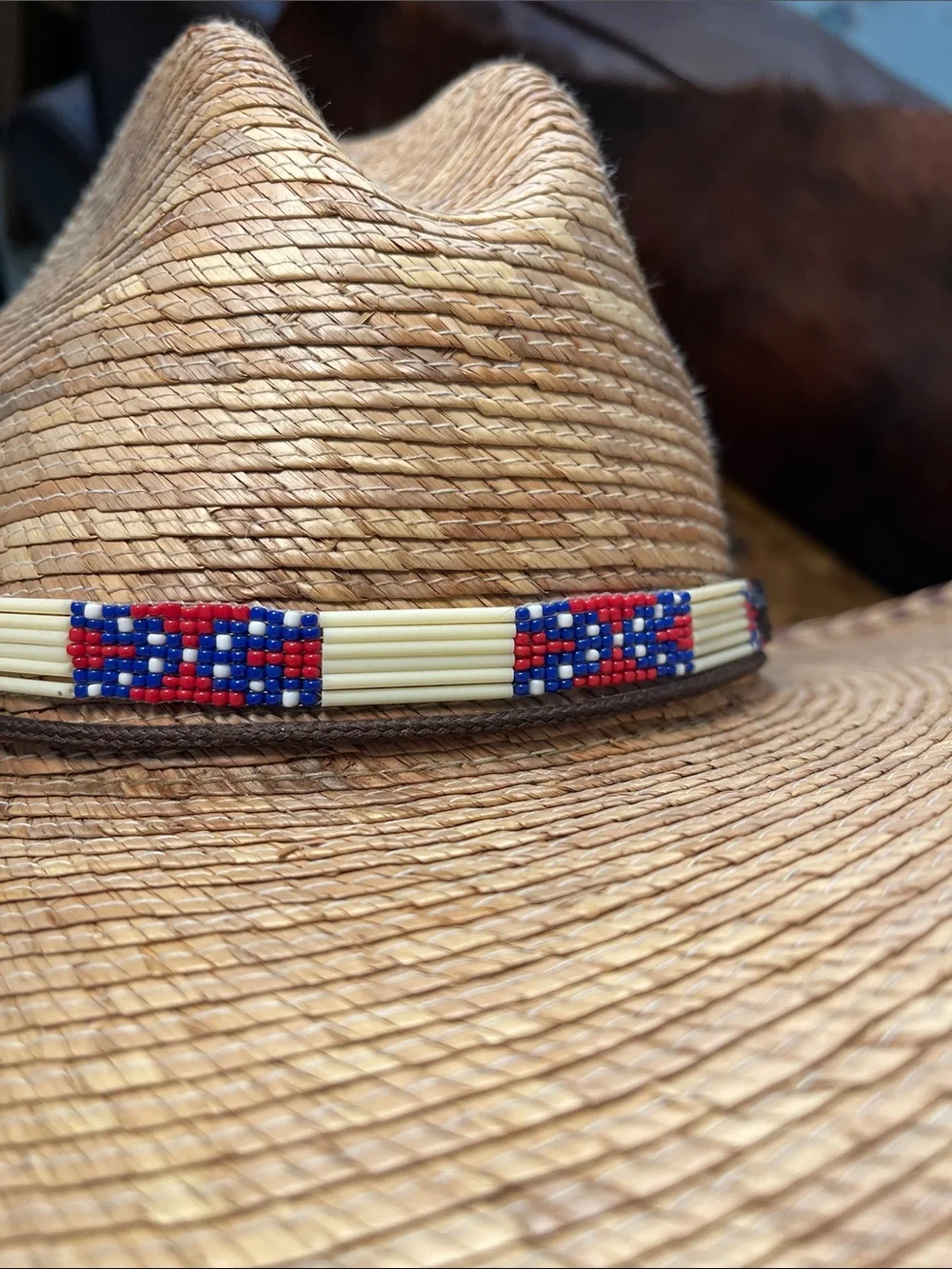 Women’s Straw Cowboy Hat with Red, Blue & White Feather - Patriotic Choncho